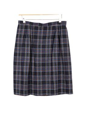 Plaid Wool Skirt 14 Womens Preppy Schoolgirl Y2K Blue Brown 90s Look Winter Knee